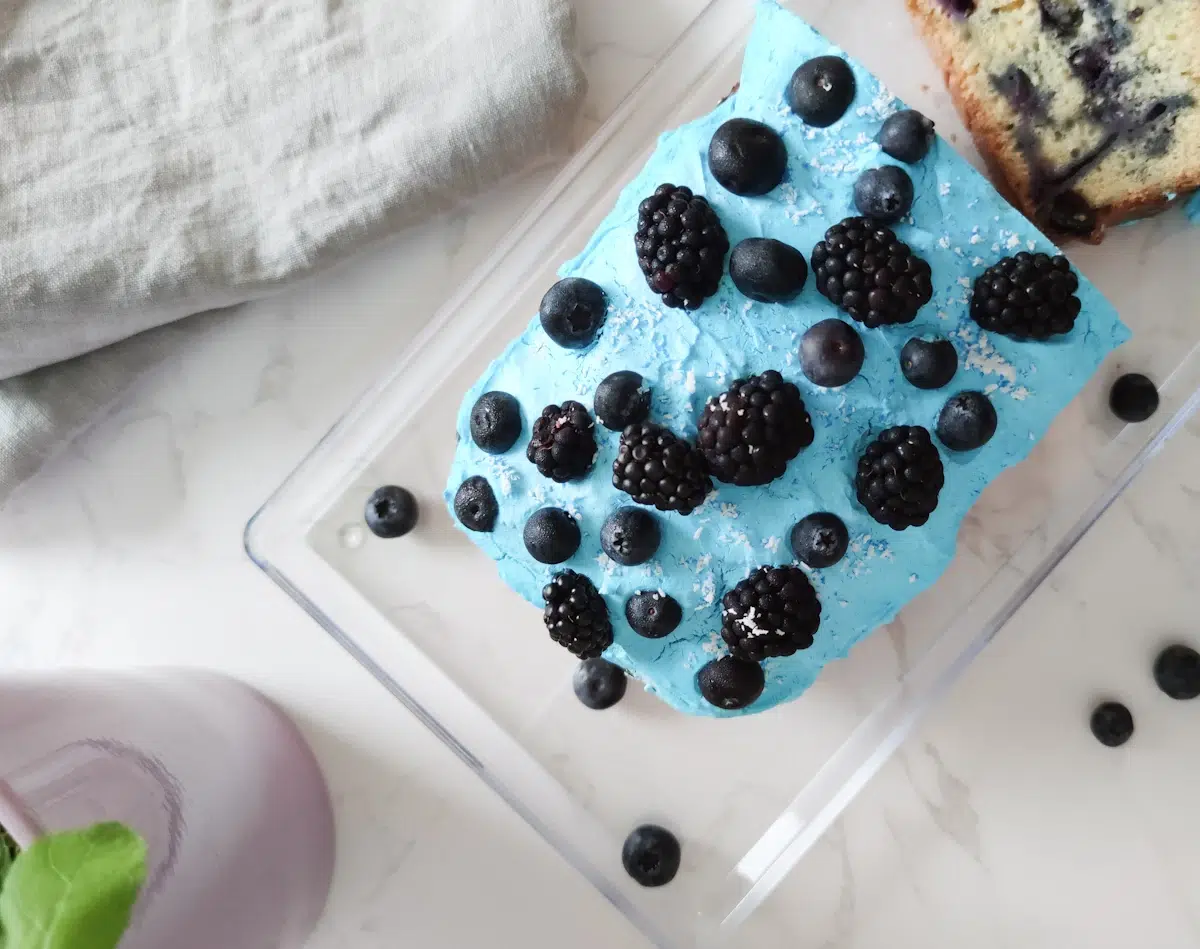 Veganer Blaubeerkuchen garniert mit Blaubeeren und Brombeeren.