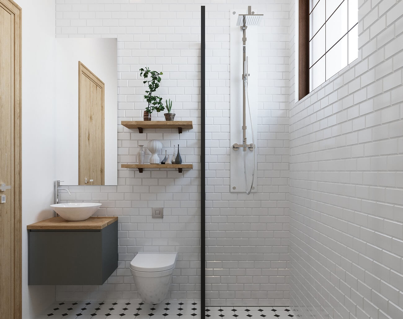 Badezimmer mit einem weißen Waschbecken, einer Toilette, Regendusche und mehreren Dekoelementen.