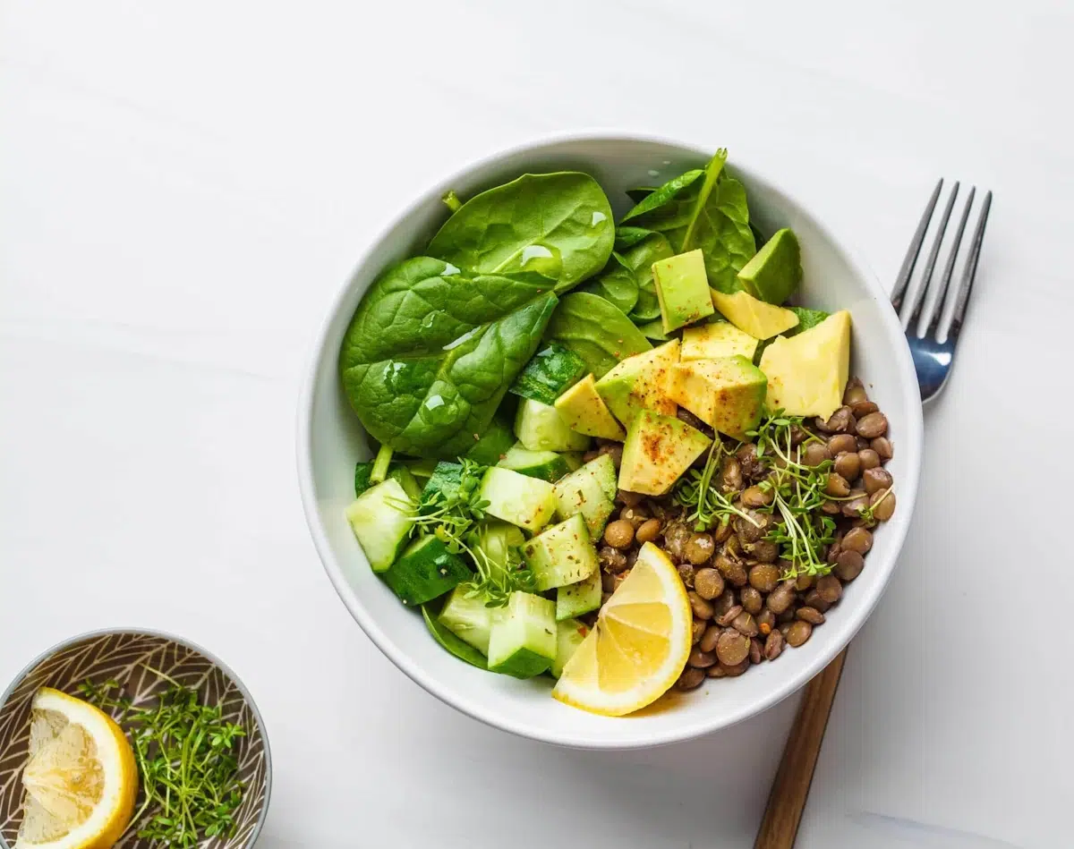 Vegane Bowl mit braunen Linsen, Blattspinat, Avocado und einer Scheibe Zitrone.
