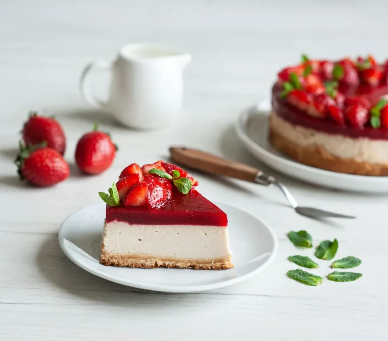Erdbeerkuchen auf einem weißen Teller.